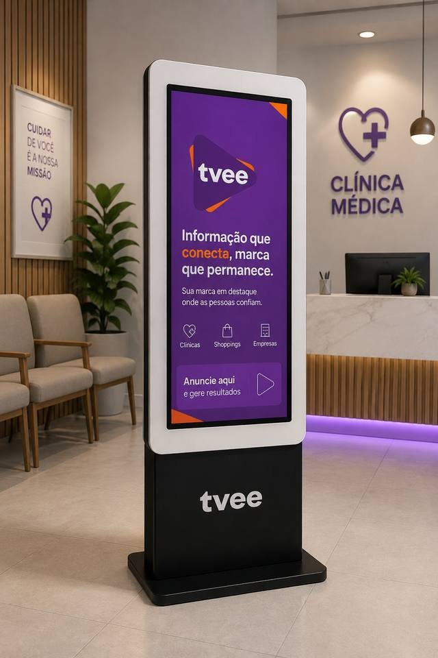 Totem digital TVee instalado na recepção de uma clínica médica